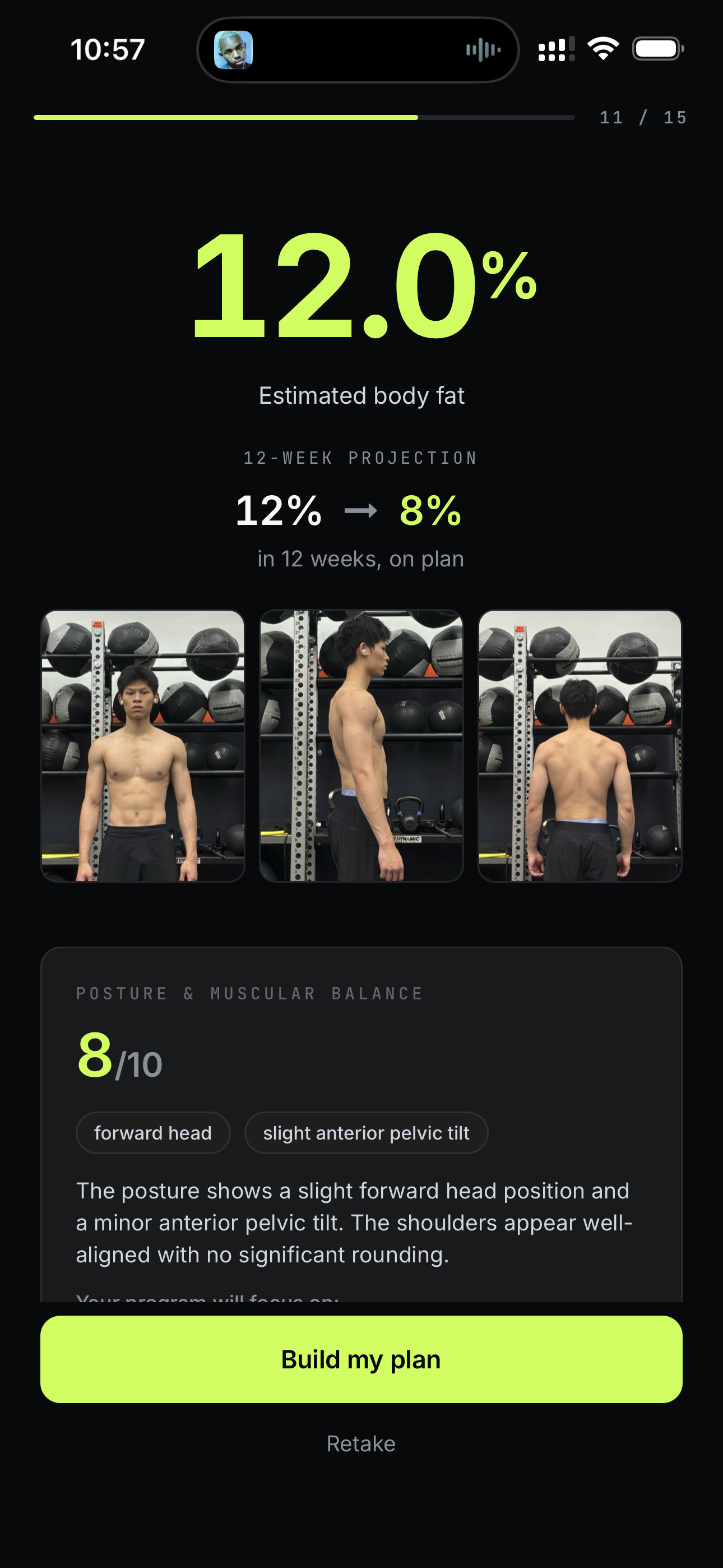 Tare body fat scan result: 21.4% today, projected 14.8% in twelve weeks.