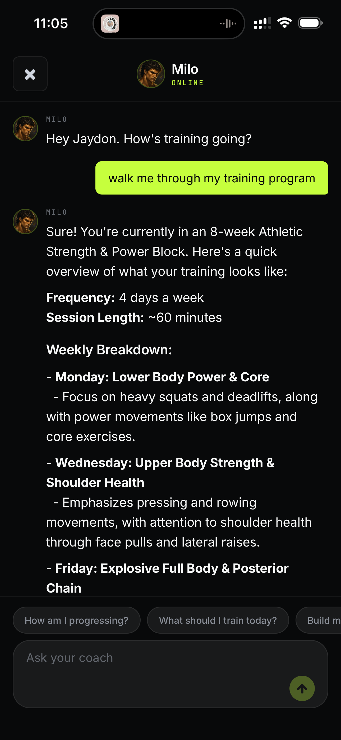 Milo AI coach chat screen answering a programming question about bench press progression.