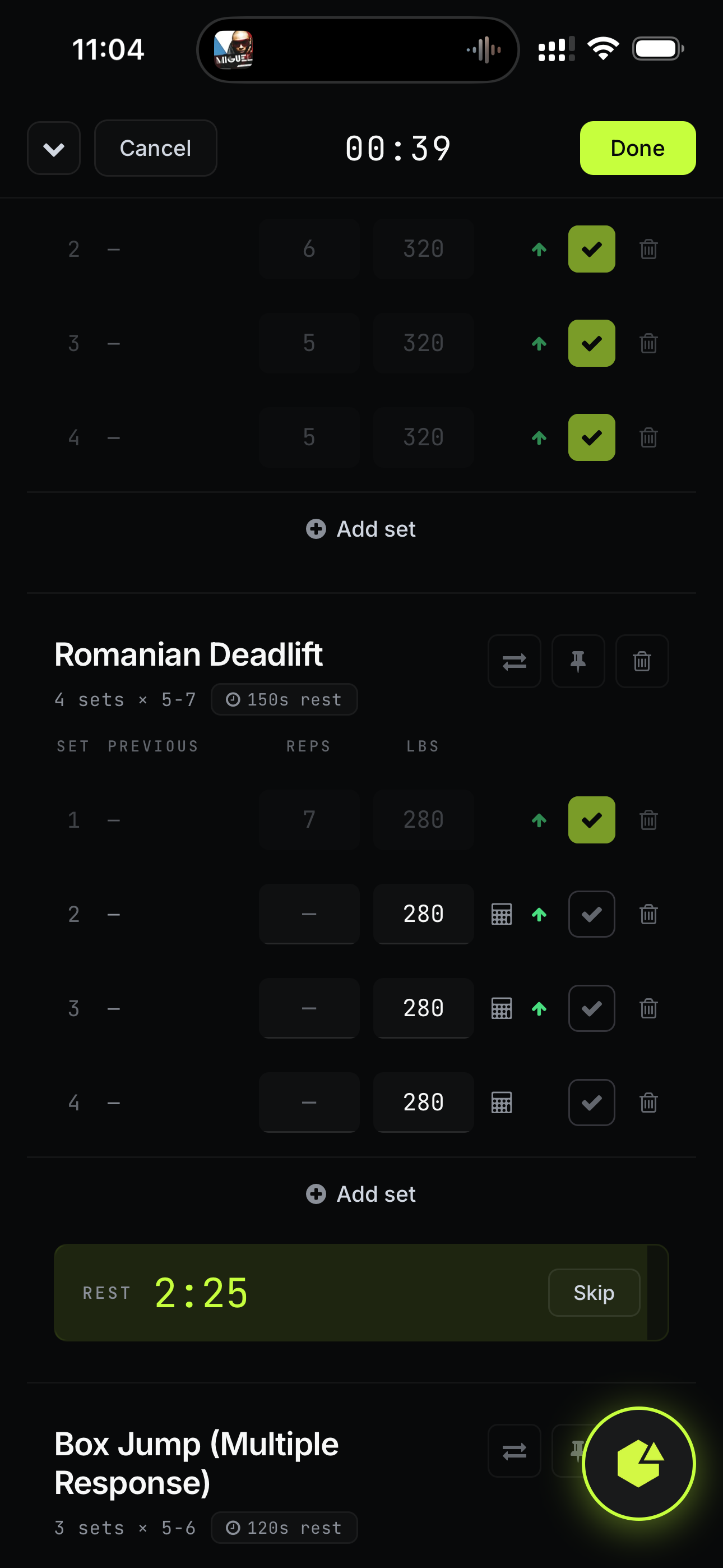 Live workout logging screen with sets, reps, weight, RPE, and a rest timer.
